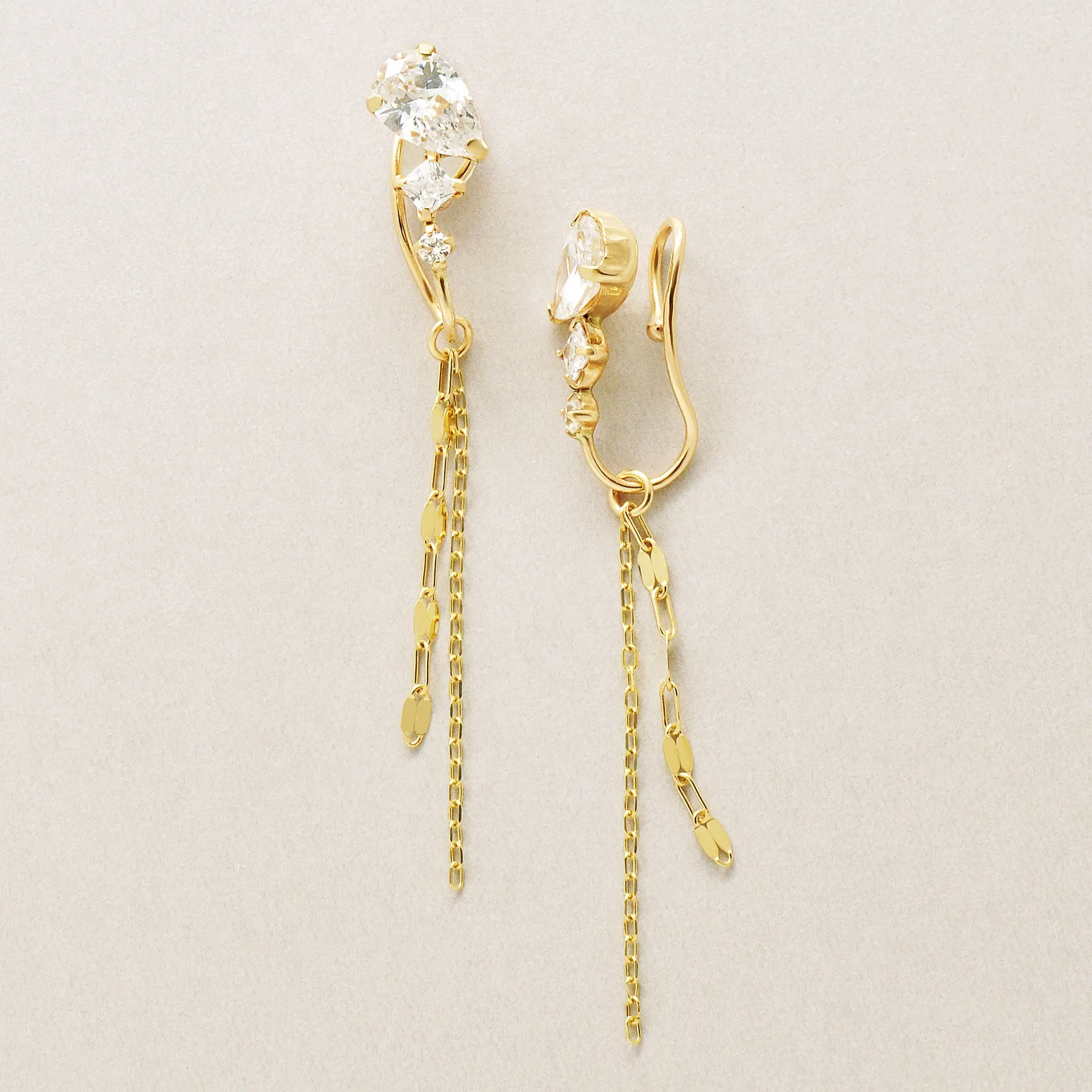 [Airy Clip-On Earrings] 10K Multi-Shape 3-Stone Earrings (Yellow Gold)