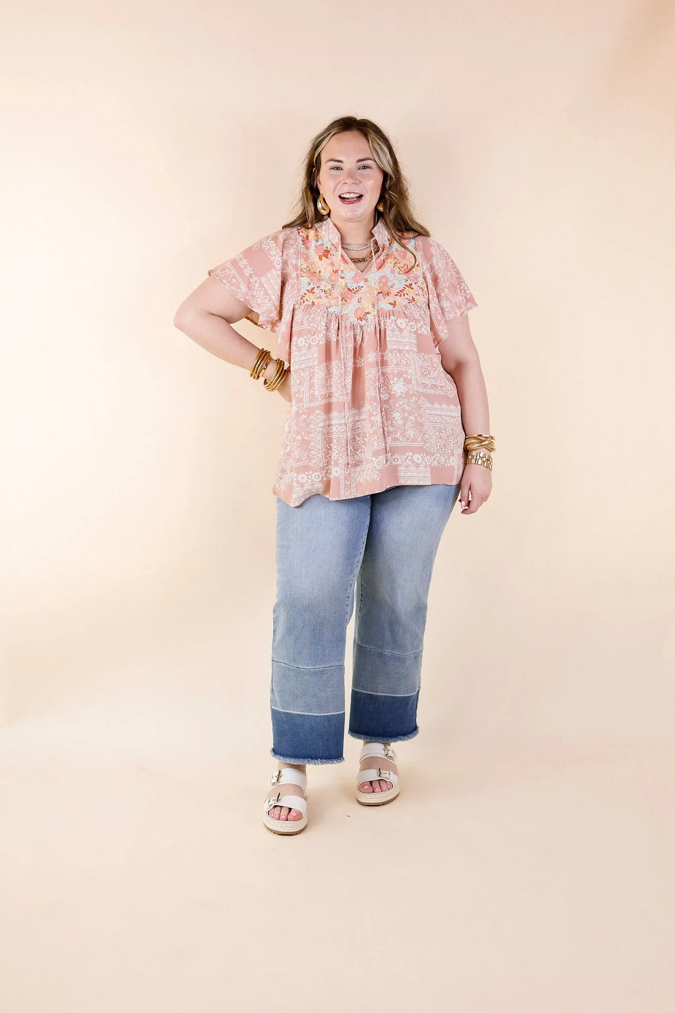 All I Want Floral Top with Keyhole and Tie Neckline in Dusty Pink