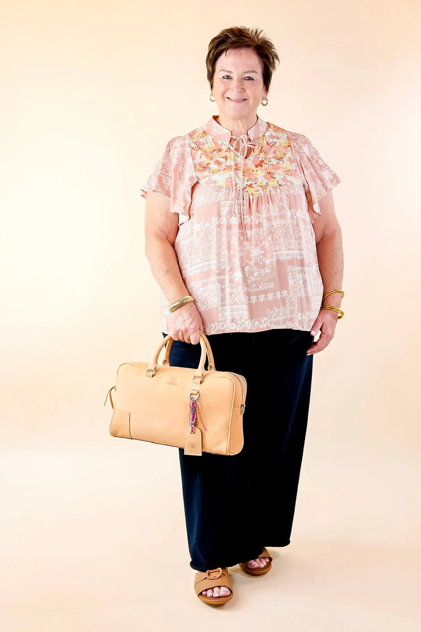 All I Want Floral Top with Keyhole and Tie Neckline in Dusty Pink