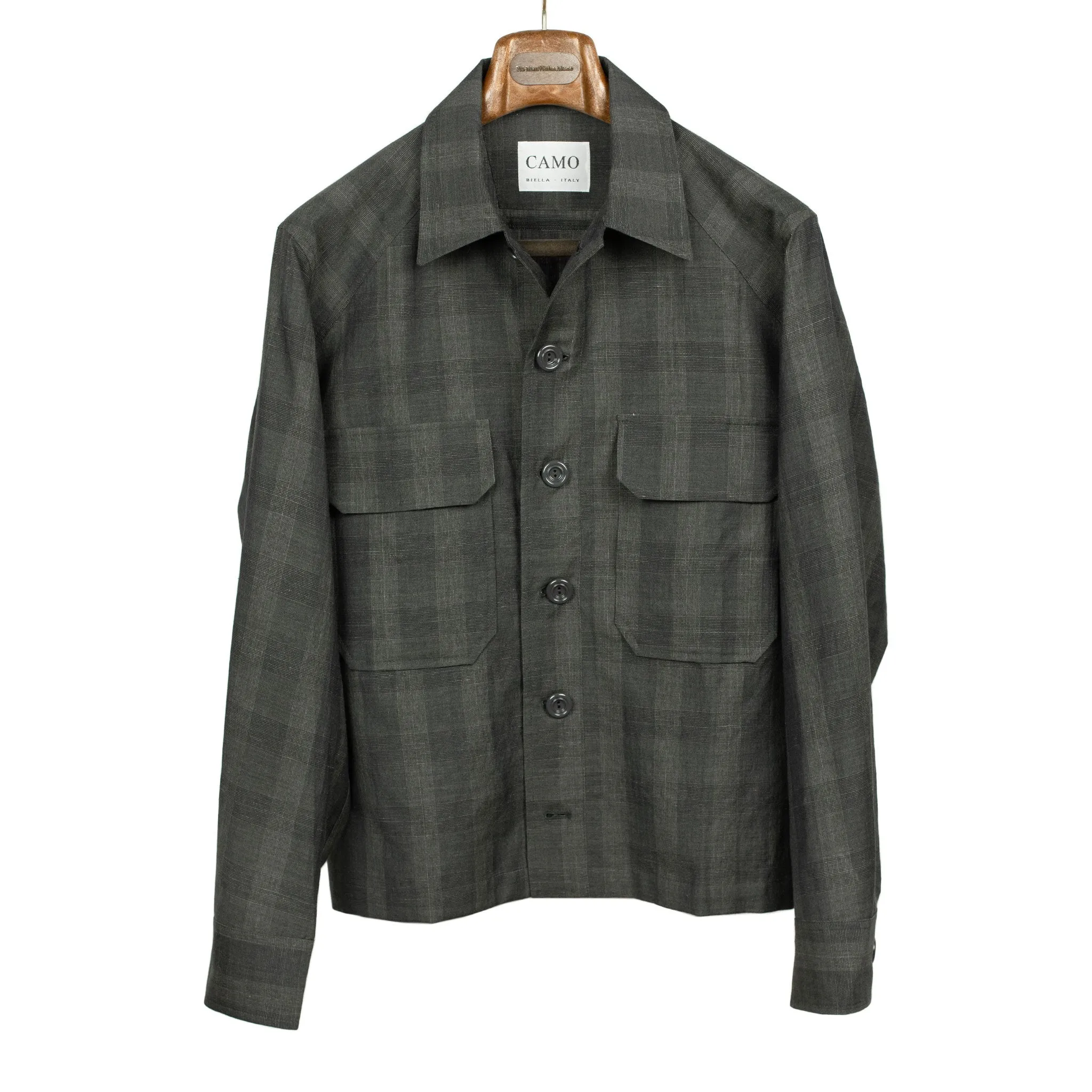 Balio shirt jacket in deadstock charcoal plaid wool linen