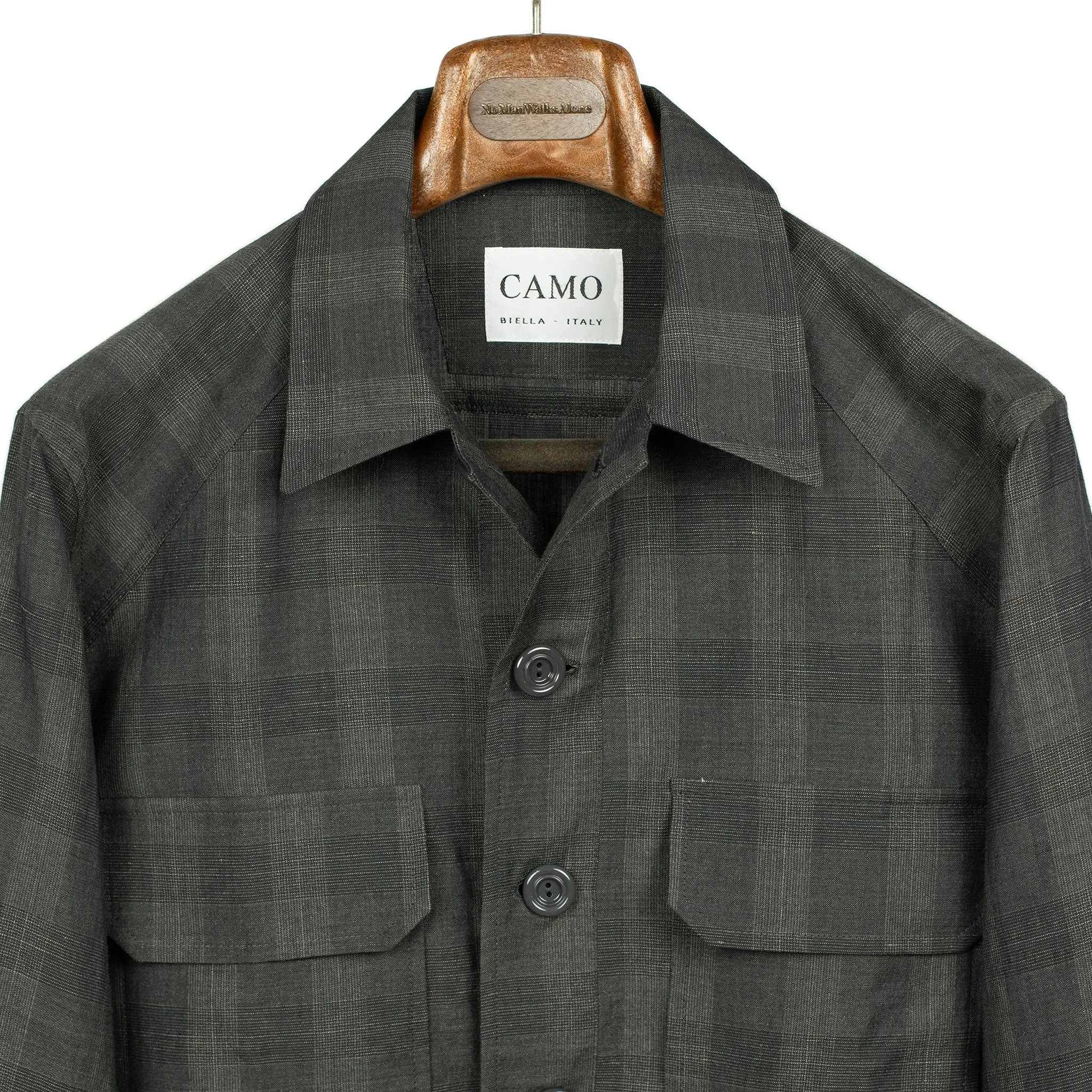 Balio shirt jacket in deadstock charcoal plaid wool linen