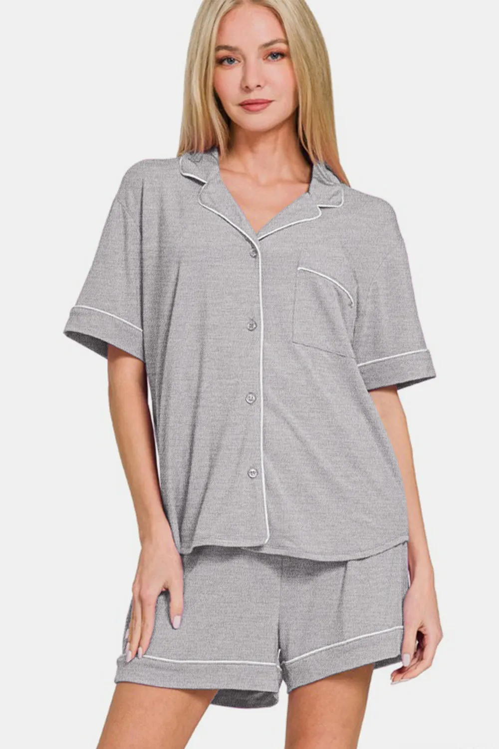 Button Down Lounge Set – Short Sleeve Top & Shorts | Soft 2-Piece Loungewear