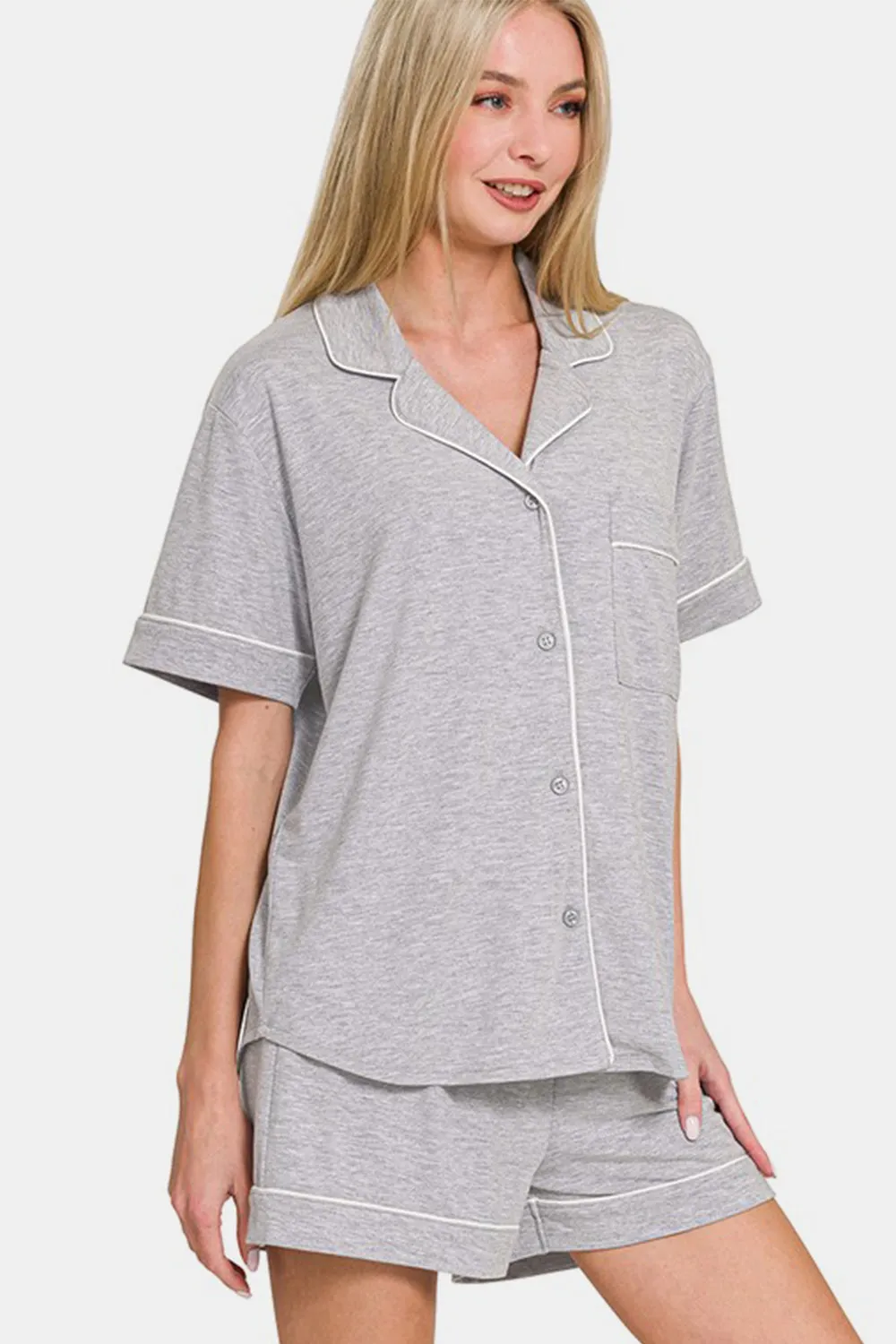 Button Down Lounge Set – Short Sleeve Top & Shorts | Soft 2-Piece Loungewear