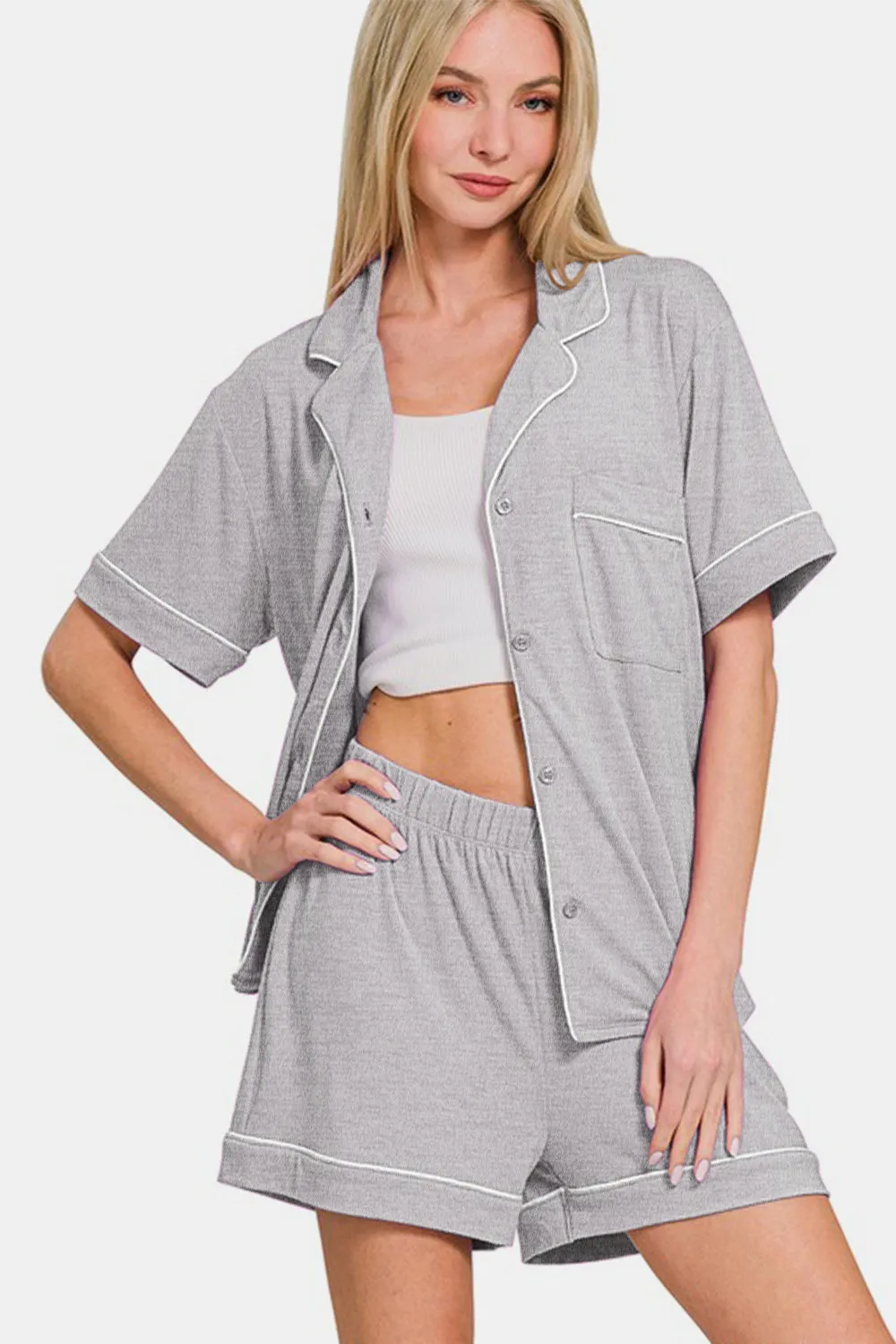 Button Down Lounge Set – Short Sleeve Top & Shorts | Soft 2-Piece Loungewear