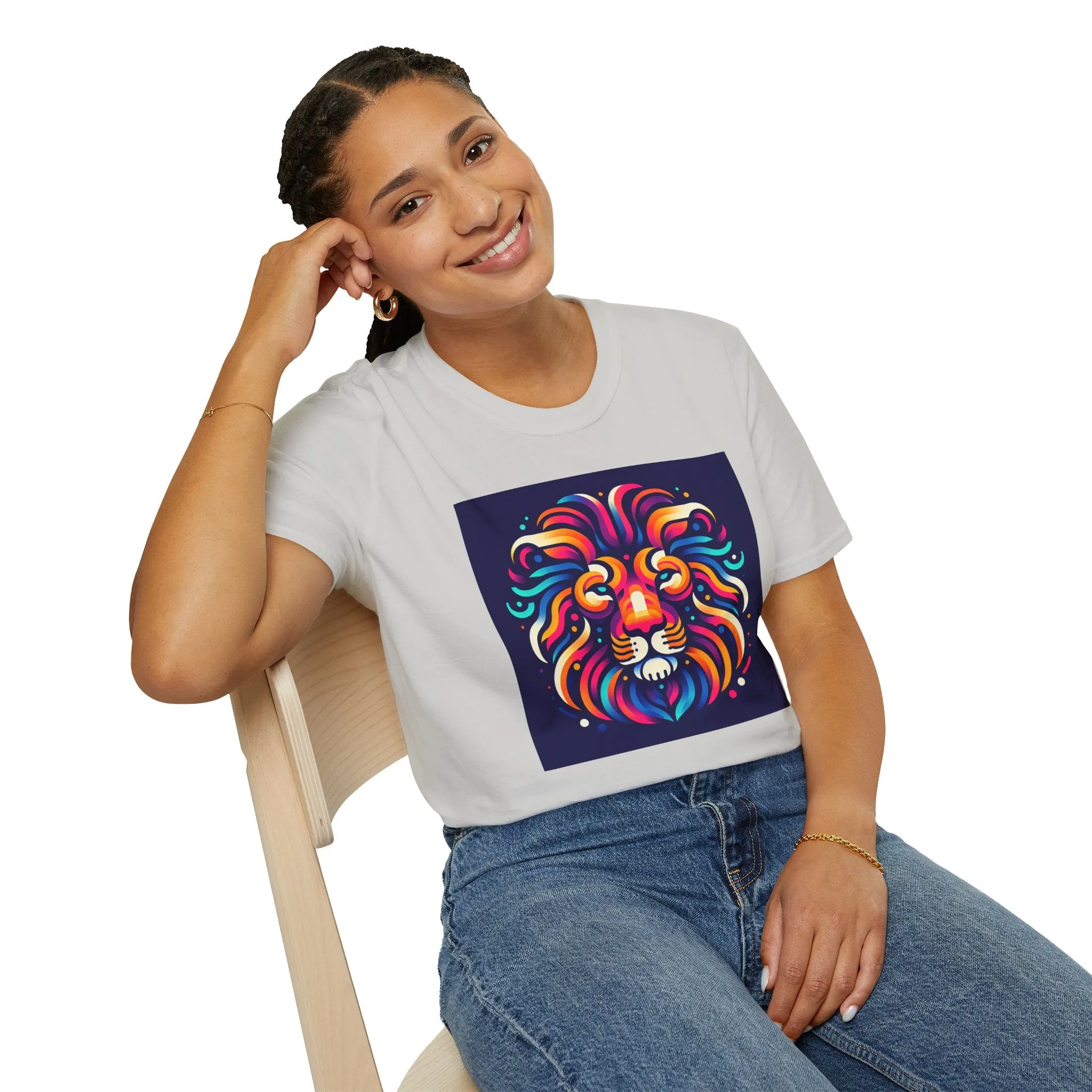 Colorful Lion Unisex Softstyle T-Shirt - Vibrant Animal Art Tee
