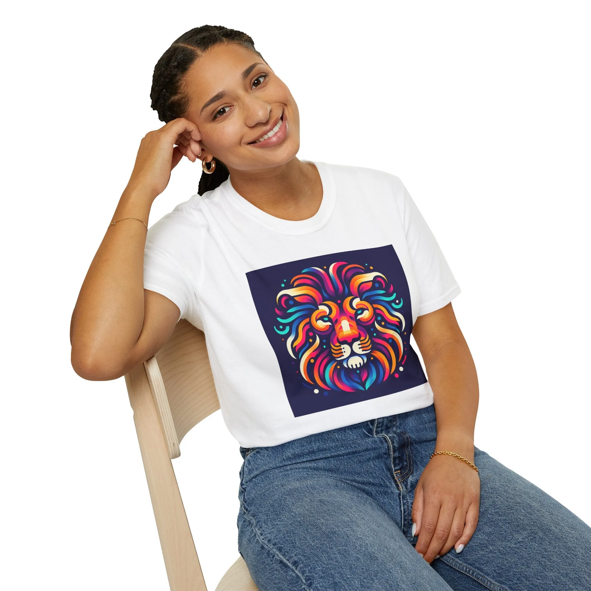 Colorful Lion Unisex Softstyle T-Shirt - Vibrant Animal Art Tee