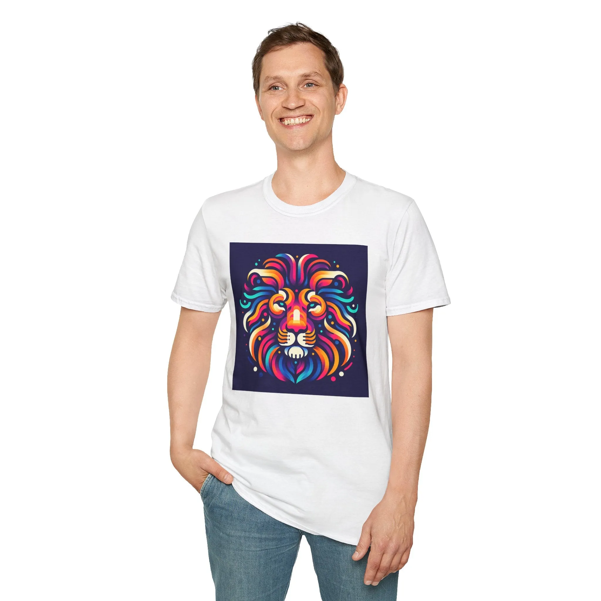 Colorful Lion Unisex Softstyle T-Shirt - Vibrant Animal Art Tee