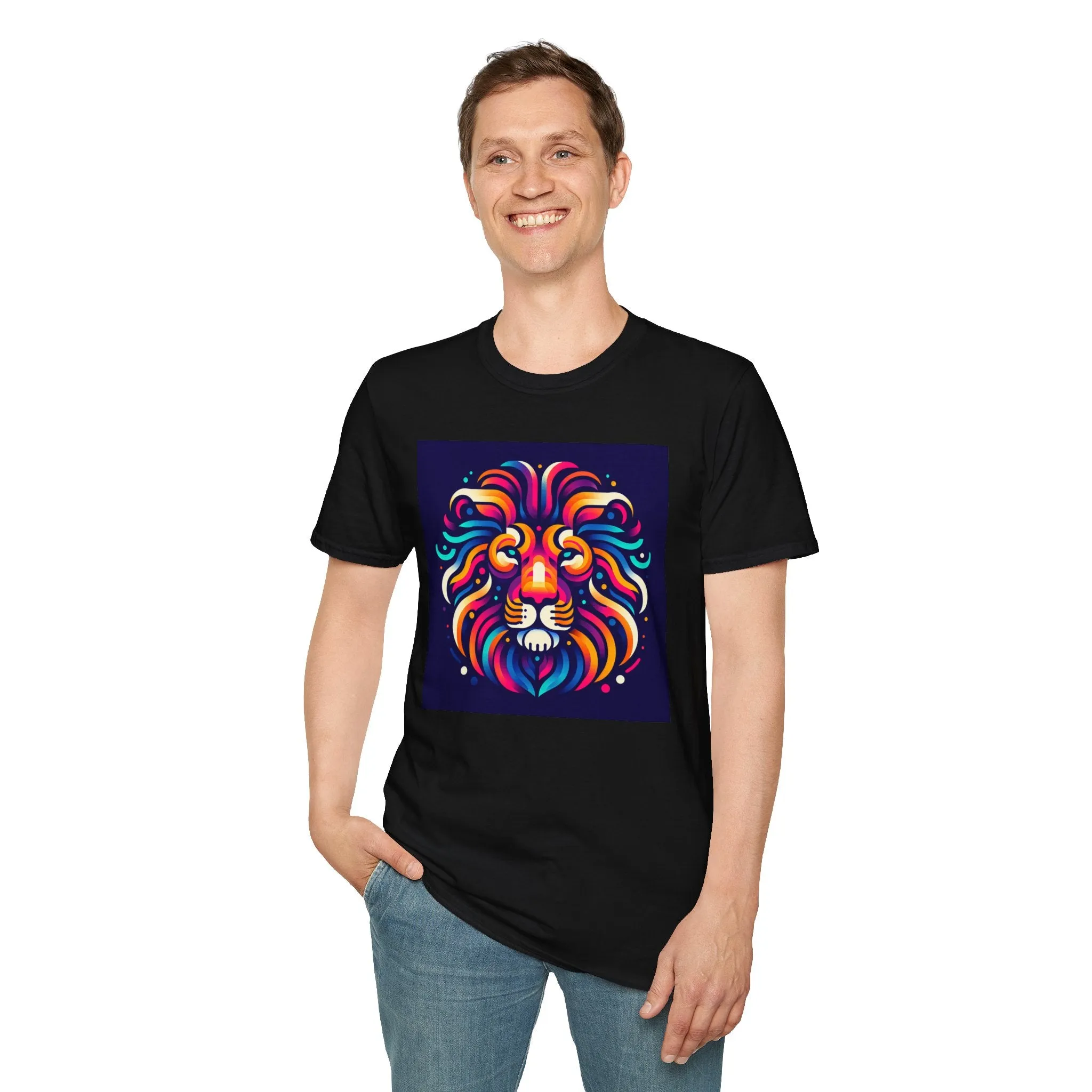 Colorful Lion Unisex Softstyle T-Shirt - Vibrant Animal Art Tee