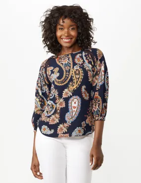 Crochet Trim Smock Paisley Texture Top