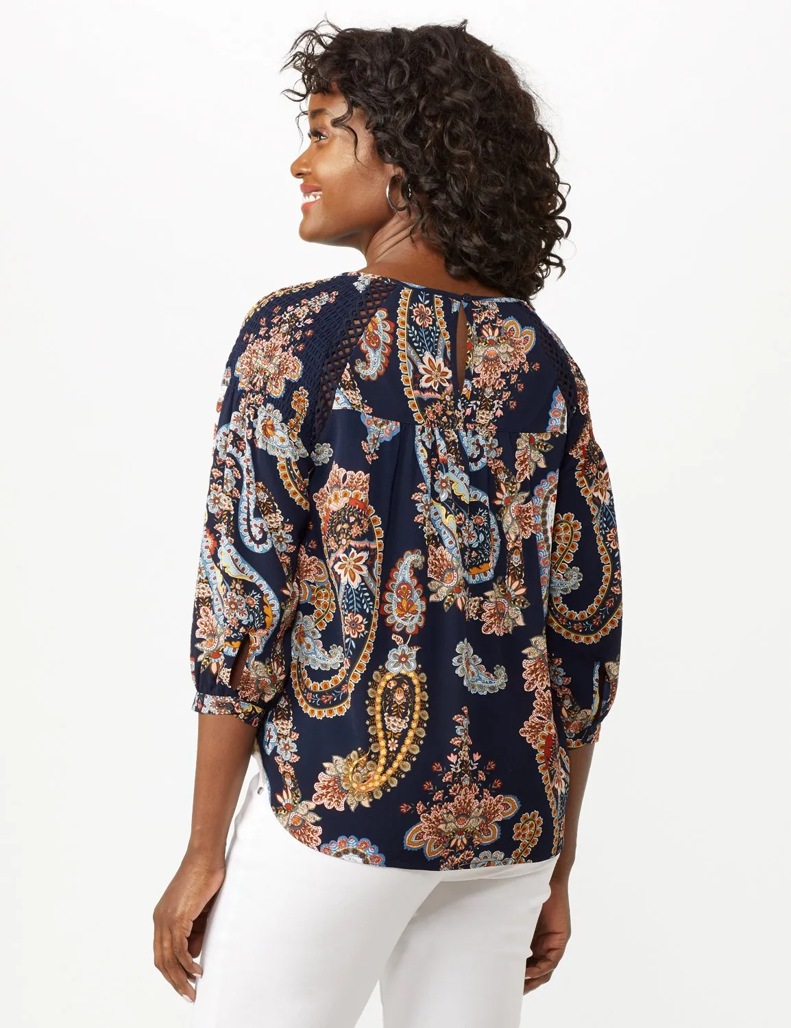 Crochet Trim Smock Paisley Texture Top