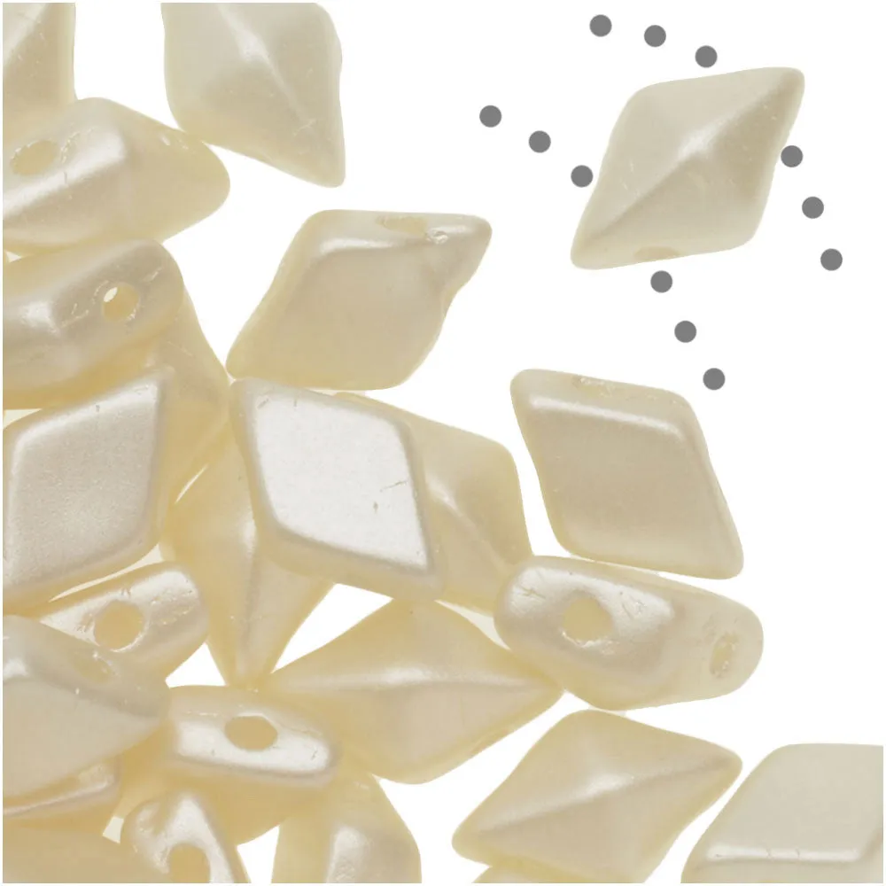 Czech Glass DiamonDuo, 2-Hole Diamond Shaped Beads 5x8mm, Cream Airy Pearl (10 Gram Pack)