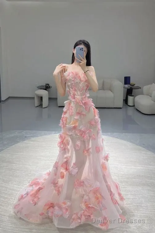 Fairy Ball Gown Strapless Pink Floral Prom Dresses Long Evening Dress