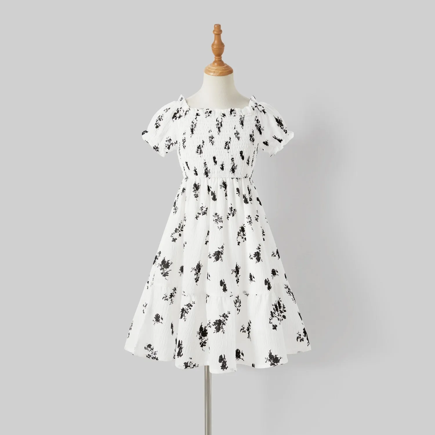 Family Matching Allover Floral Print Off-Shoulder Smocked Dresses and Stripe Panel Short-sleeve T-shirts Sets