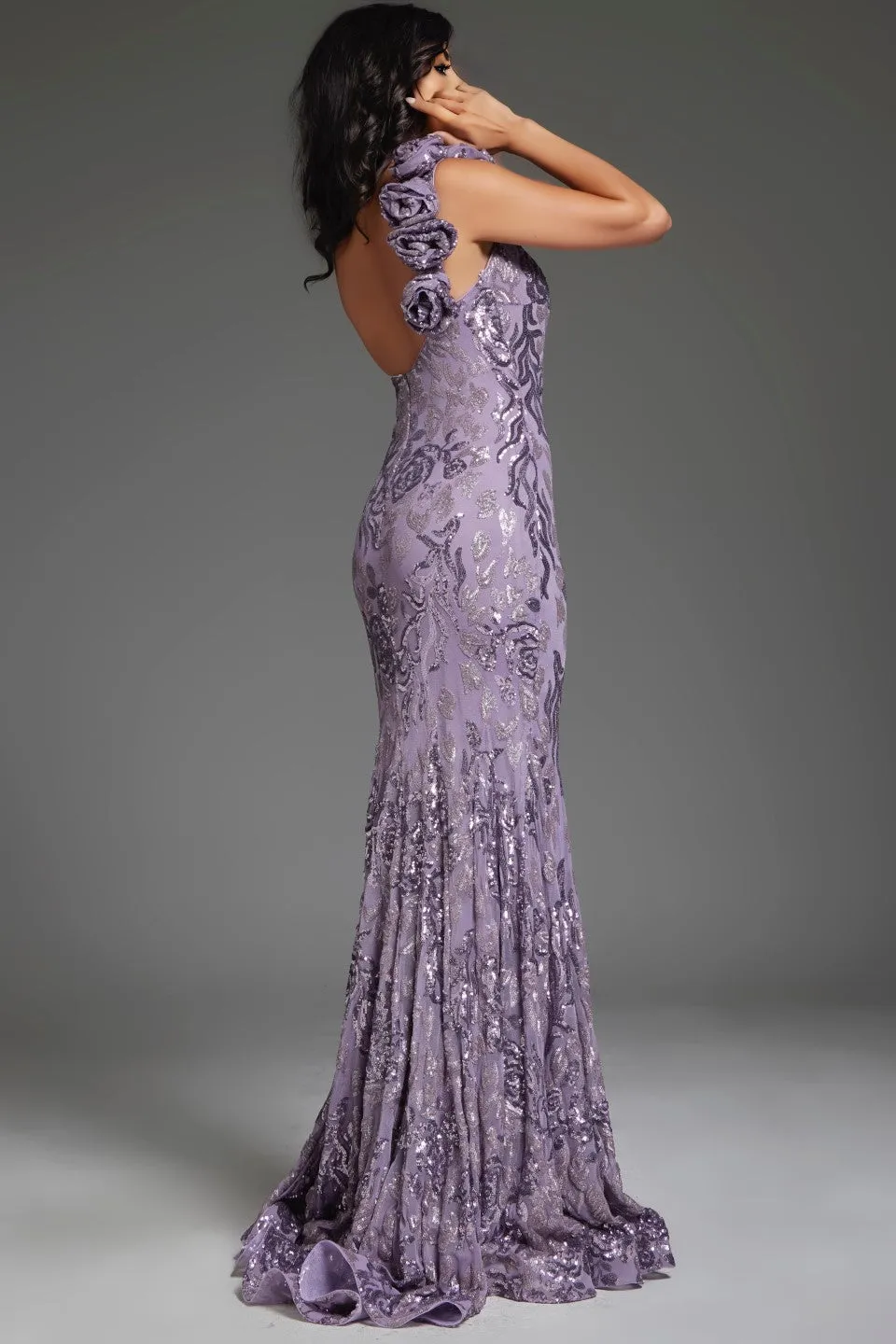 Floral Embellished Fitted One Shoulder Gown by Jovani 37634