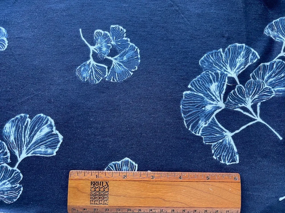 Graceful Indigo & White Ginkgo Leaves Viscose Knit