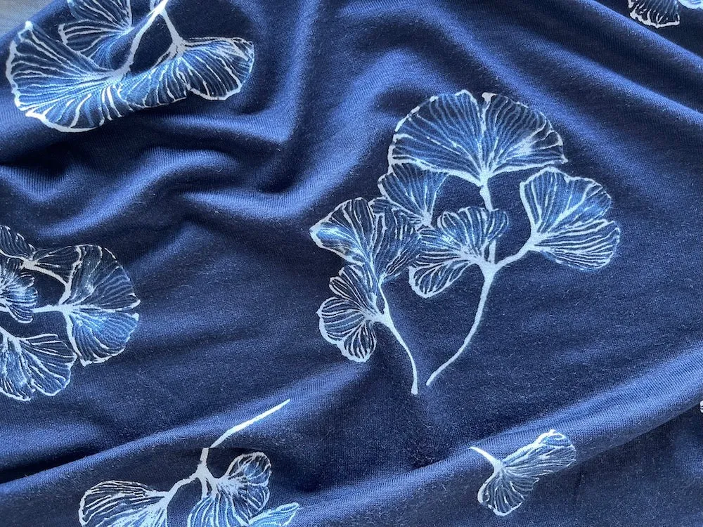 Graceful Indigo & White Ginkgo Leaves Viscose Knit
