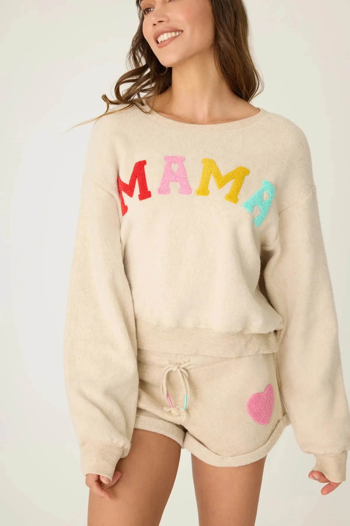 Oatmeal Mama Embroidered Pajama Long Sleeve Top