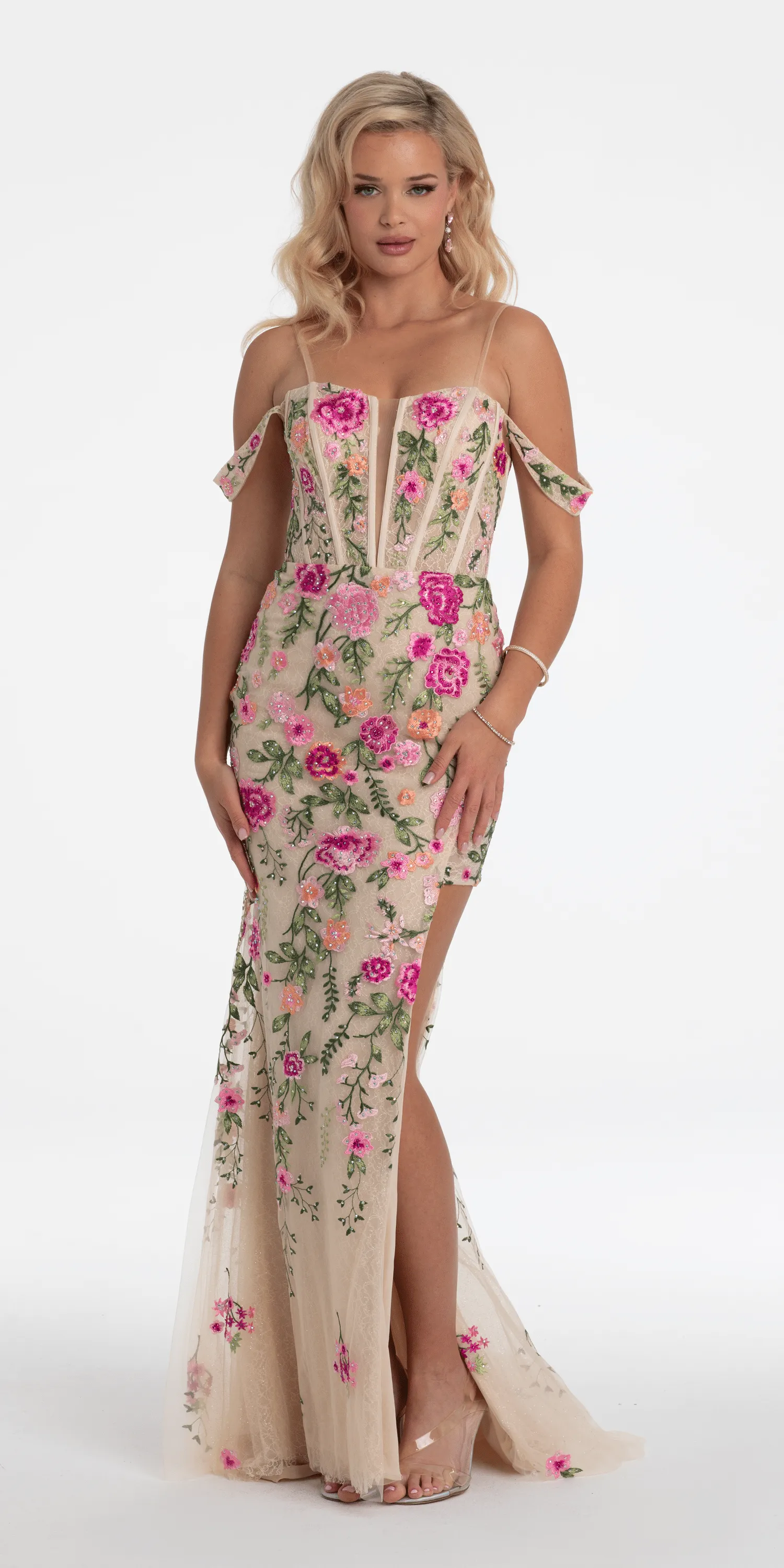 Off the Shoulder Floral Embroidered Column Dress