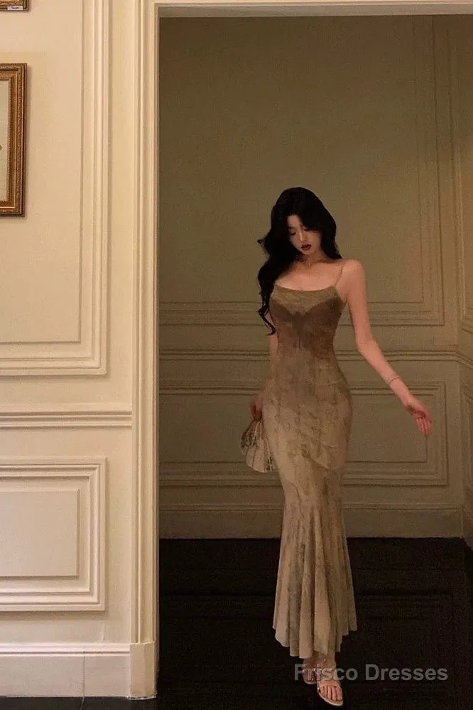 Sexy Sheath Spaghetti Straps Floral Long Prom Dresses Birthday Outfits Evening Gown