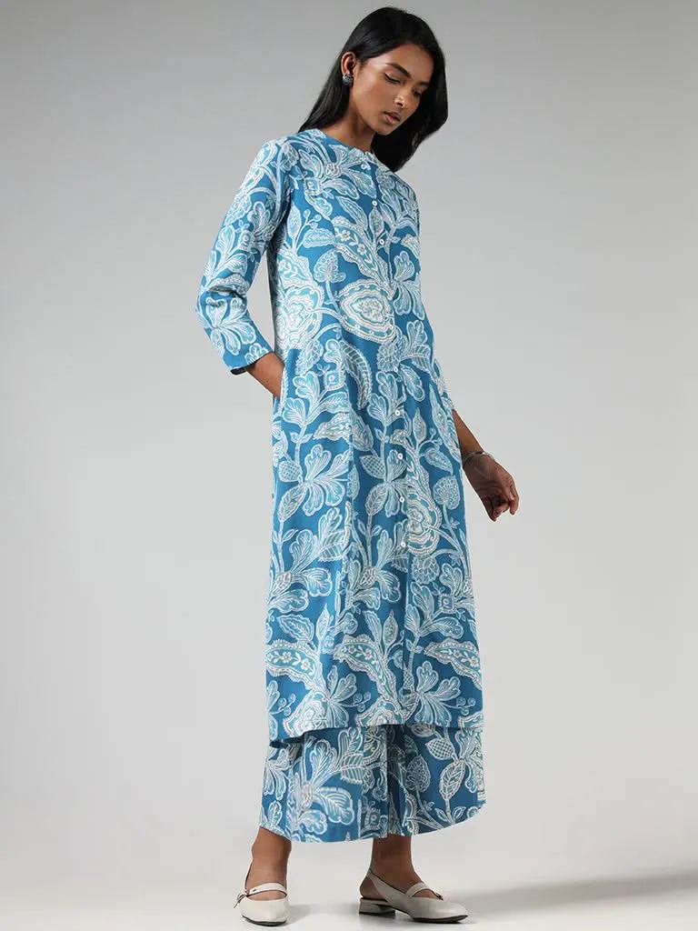 Utsa Blue Floral Printed Mid Rise Palazzos
