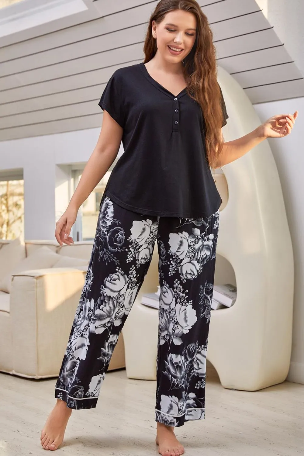 Yocwear Black V-Neck Top and Floral Pants Lounge Set